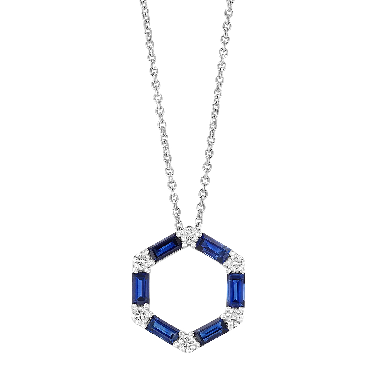 Sapphire Baguette & Diamond Open Hexagon Pendant in White Gold