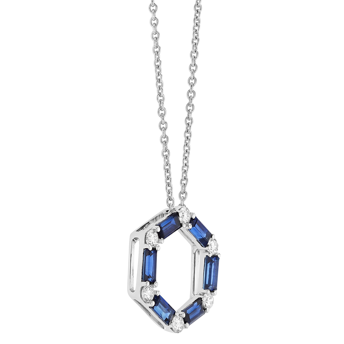 Sapphire Baguette & Diamond Open Hexagon Pendant in White Gold