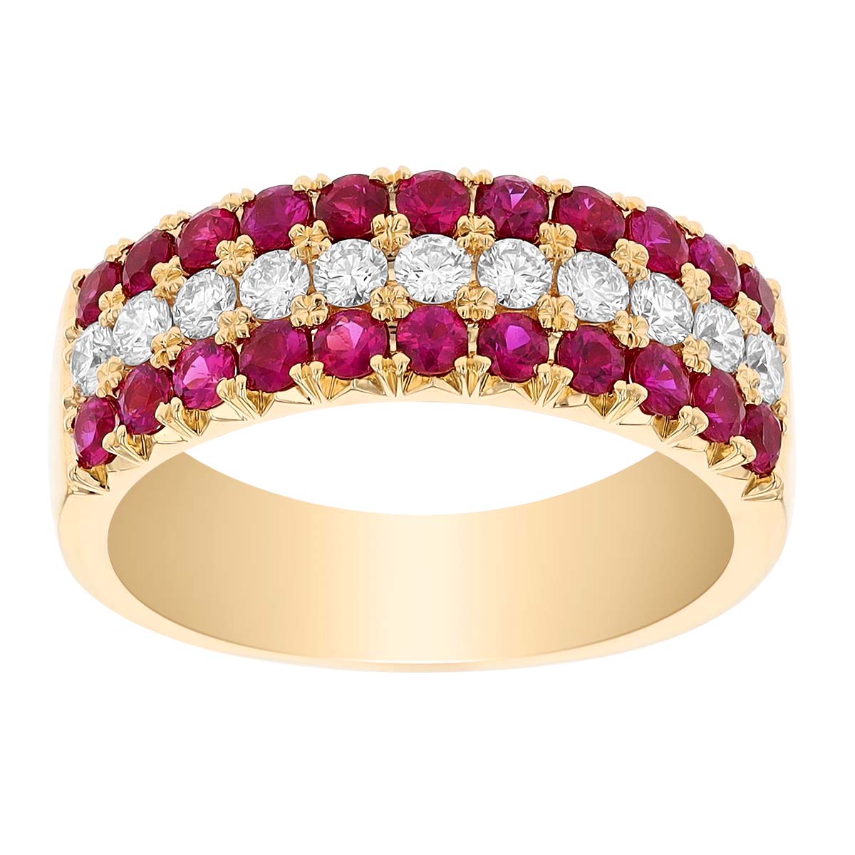 Ruby & Diamond 3 Row Ring in Yellow Gold