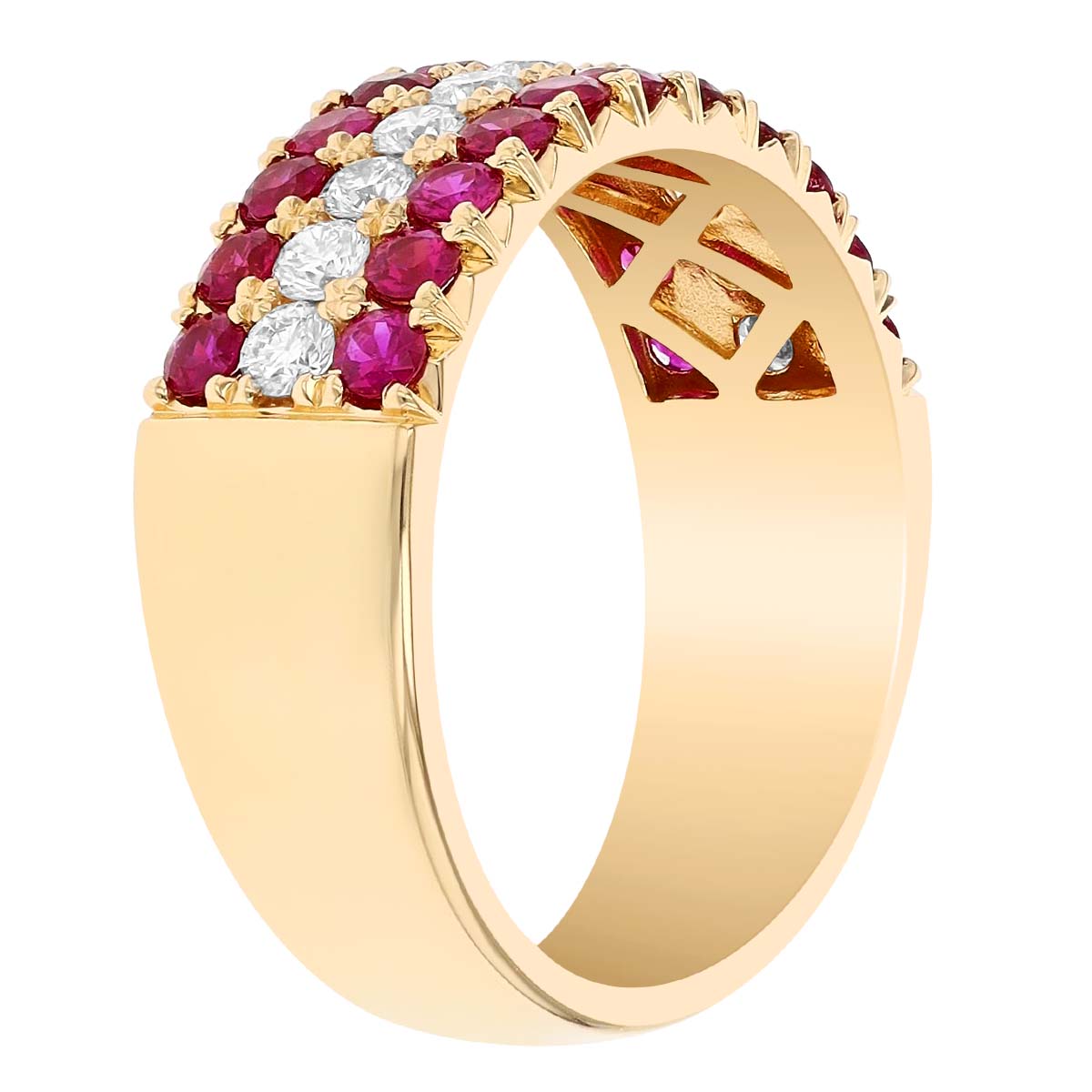 Ruby & Diamond 3 Row Ring in Yellow Gold