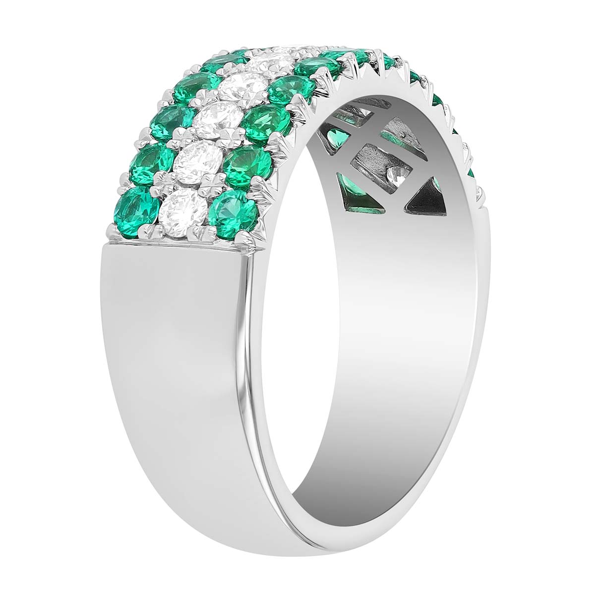 Emerald & Diamond Pavé 3 Row Ring in White Gold