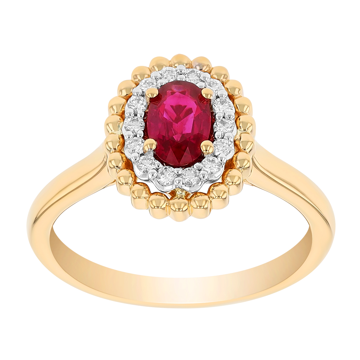 Oval Ruby Ring with Diamond & Yellow Gold Bead Double Halo