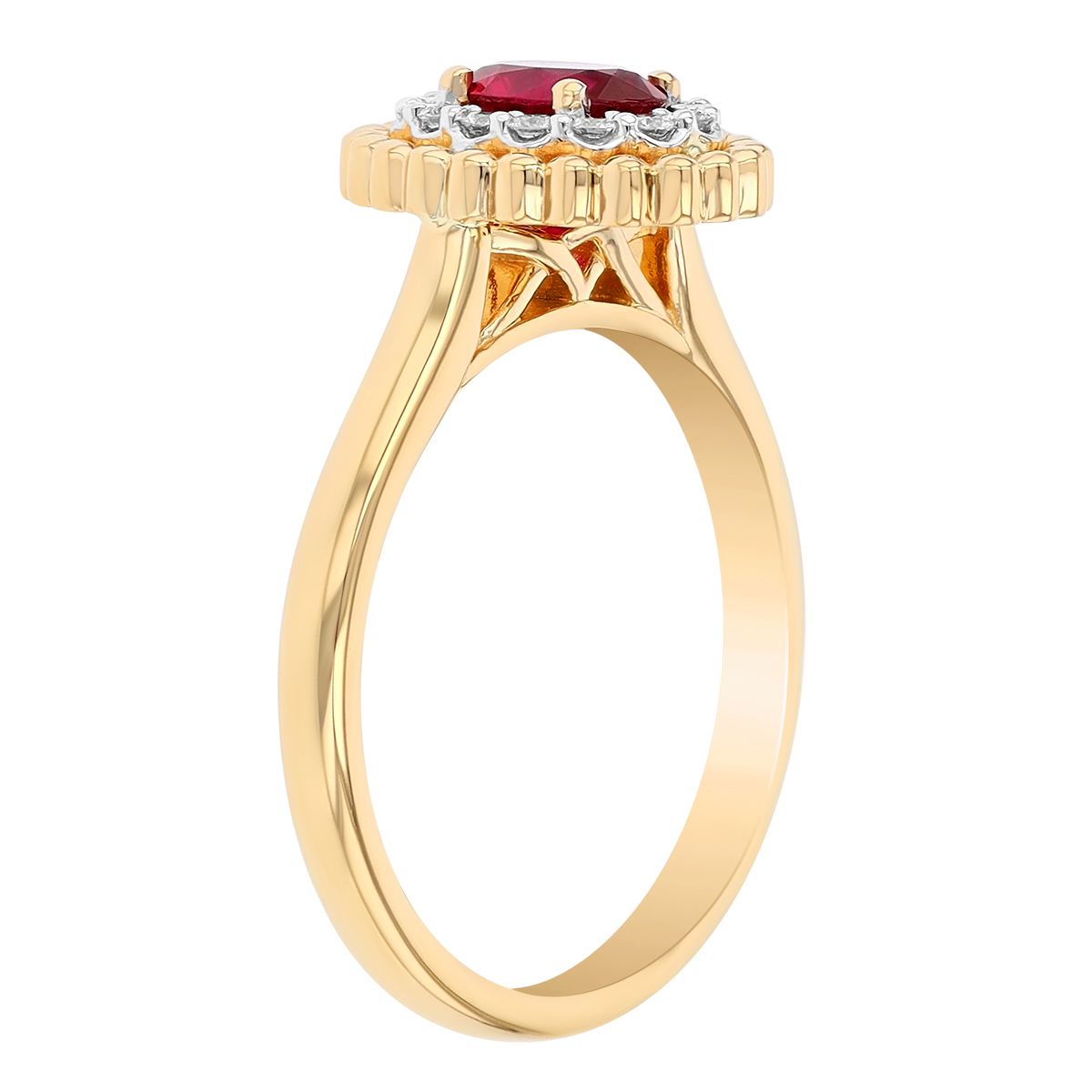 Oval Ruby Ring with Diamond & Yellow Gold Bead Double Halo