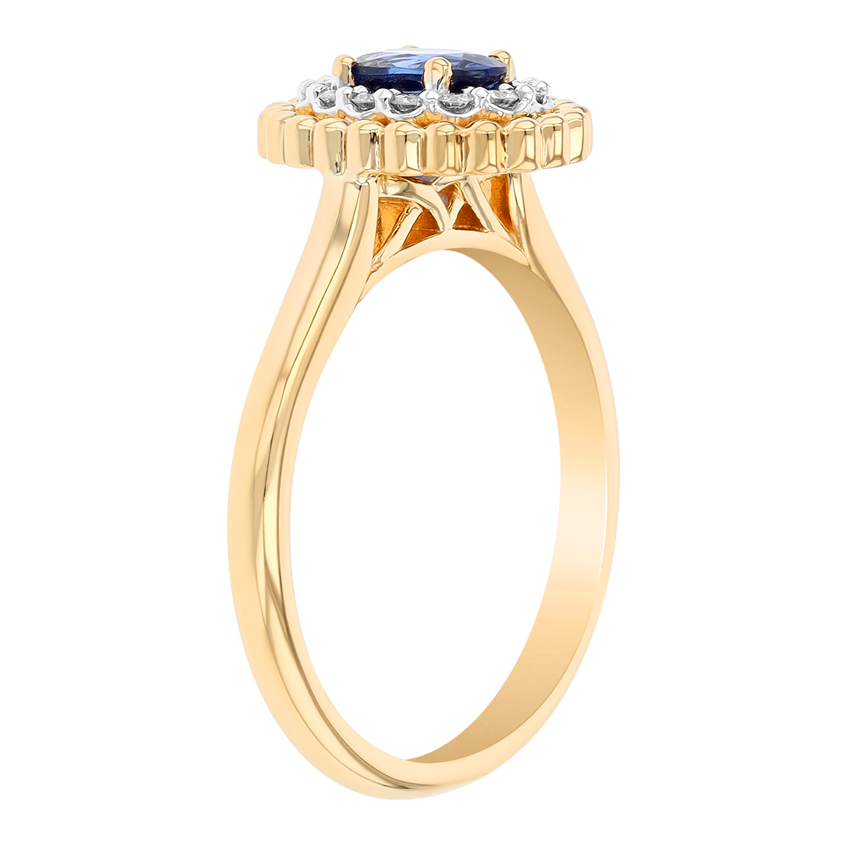 Oval Sapphire Ring with Diamond & Yellow Gold Bead Double Halo