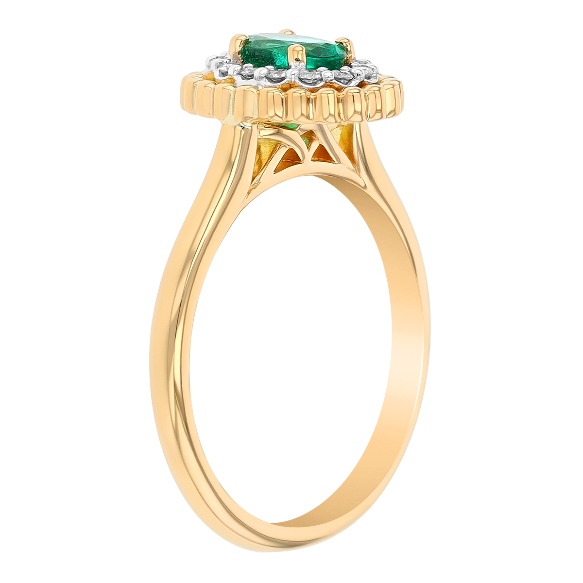 Oval Emerald Ring with Diamond & Yellow Gold Bead Double Halo
