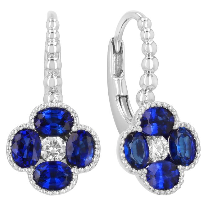 Oval Sapphire & Diamond Flower Leverback Dangle Earrings in White Gold