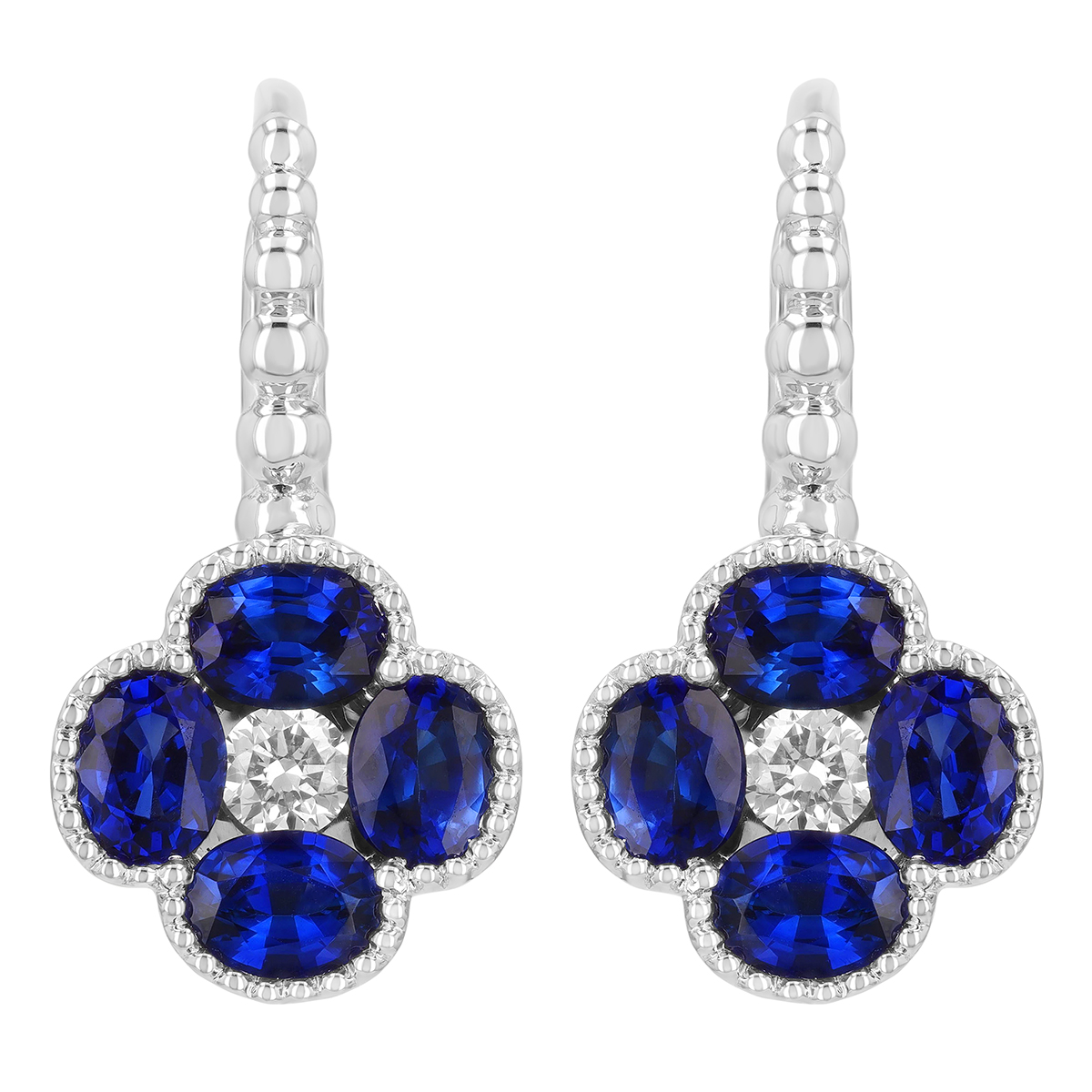 Oval Sapphire & Diamond Flower Leverback Dangle Earrings in White Gold