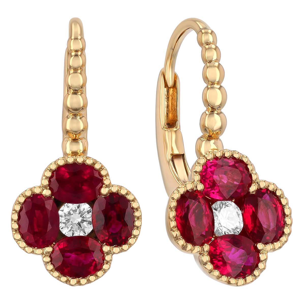 Oval Ruby Quartet & Diamond Floral Drop Earrings in Yellow Gold