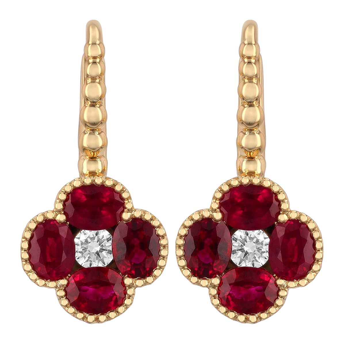 Oval Ruby Quartet & Diamond Floral Drop Earrings in Yellow Gold