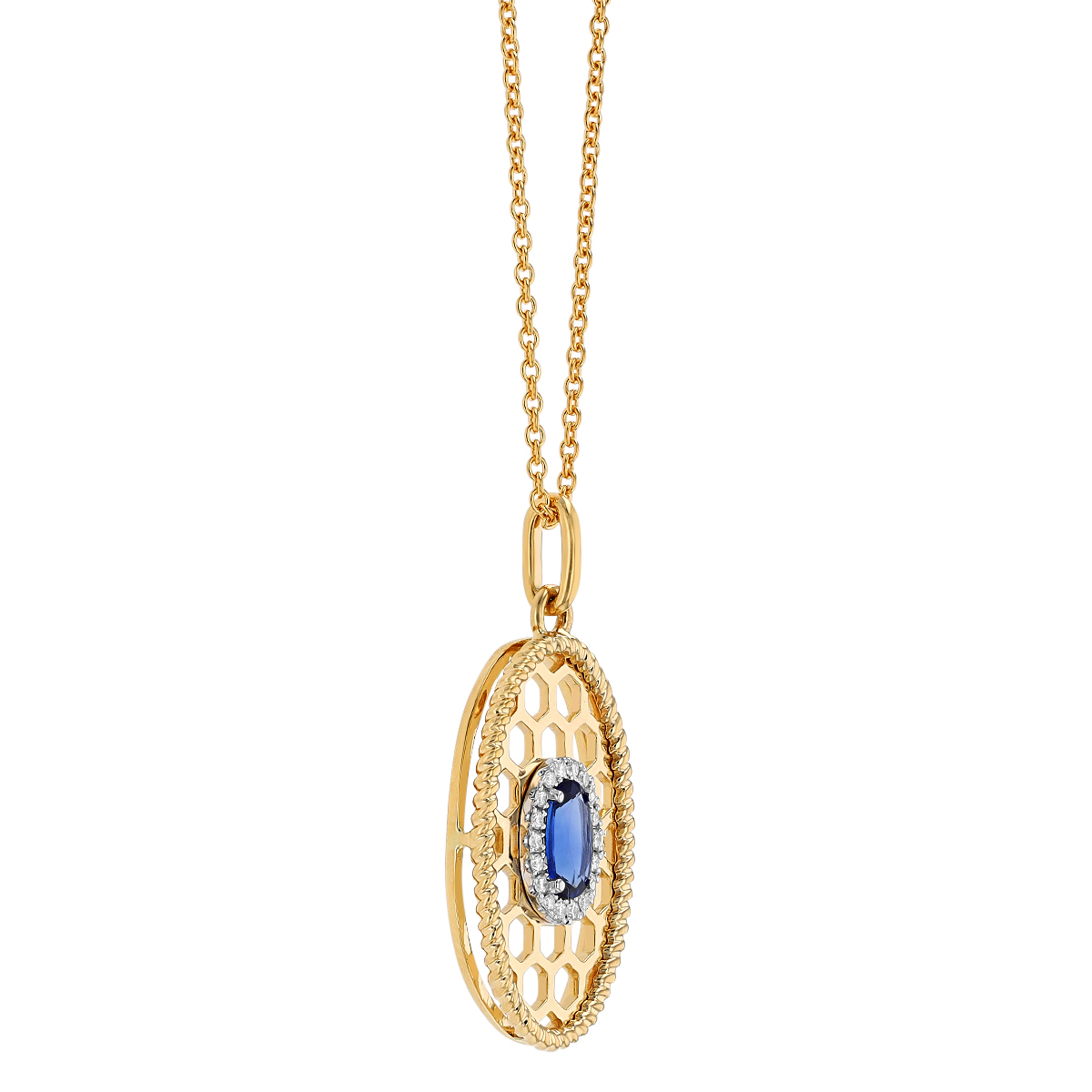 Oval Sapphire & Diamond Honeycomb Pendant in Yellow Gold