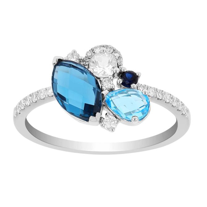 Blue Mixed Gemstone & Diamond Cluster Ring in White Gold