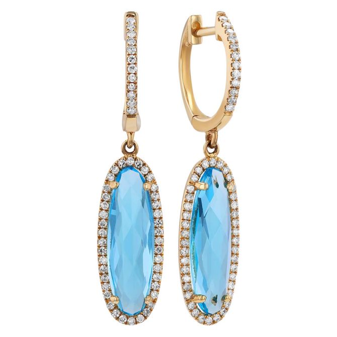 Elongated Oval Topaz & Diamond Halo Dangle Hoop Earrings in Yellow Gold