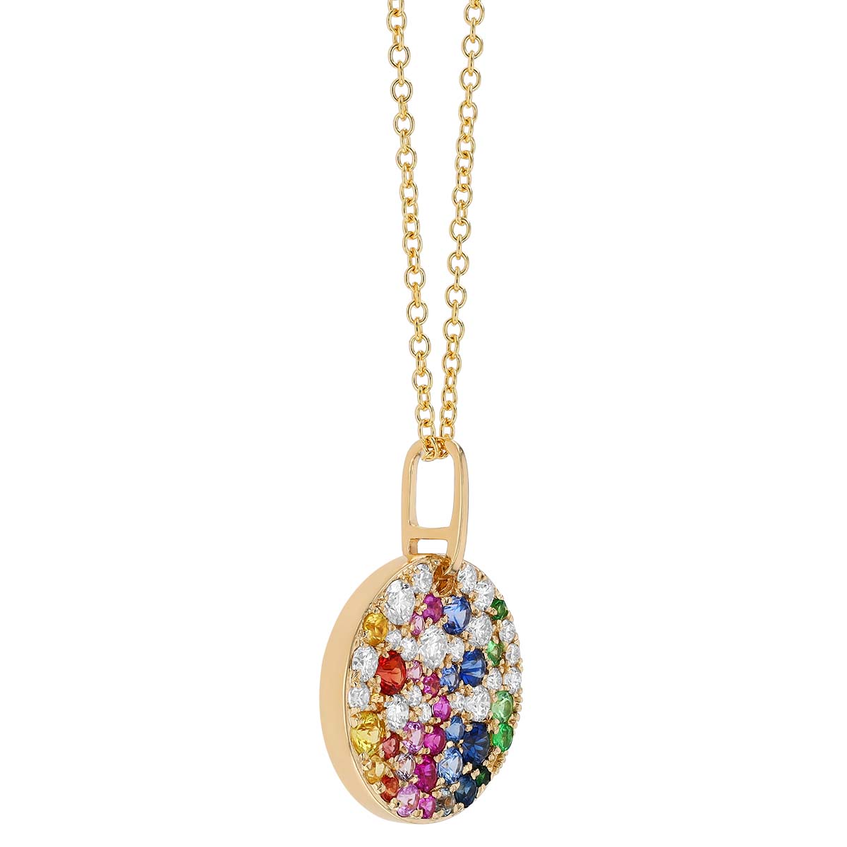 Multicolored Gemstone & Diamond Pavé Disc Pendant in Yellow Gold