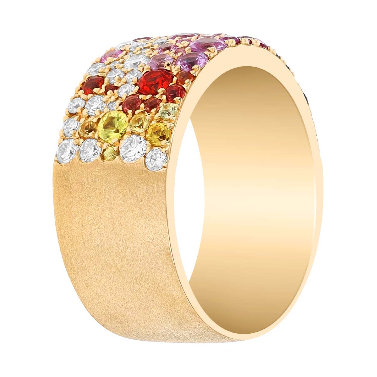 Mixed Gemstone & Diamond Pavé Wide Band Ring in Yellow Gold