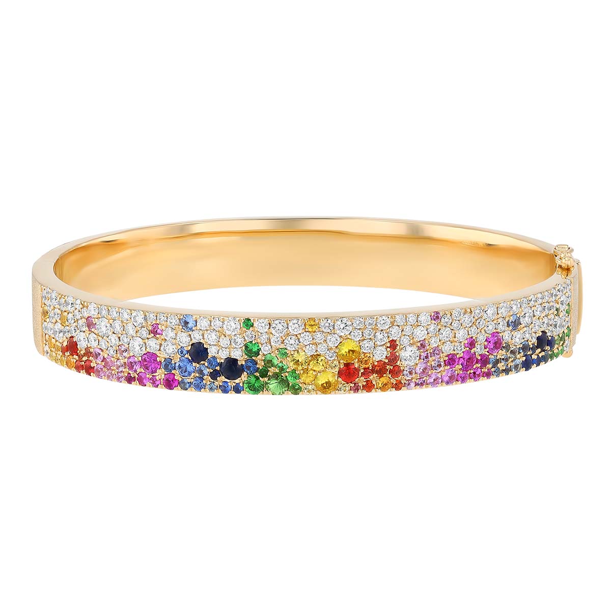 Mixed Gemstone & Diamond Pavé Wide Bangle Bracelet in Yellow Gold