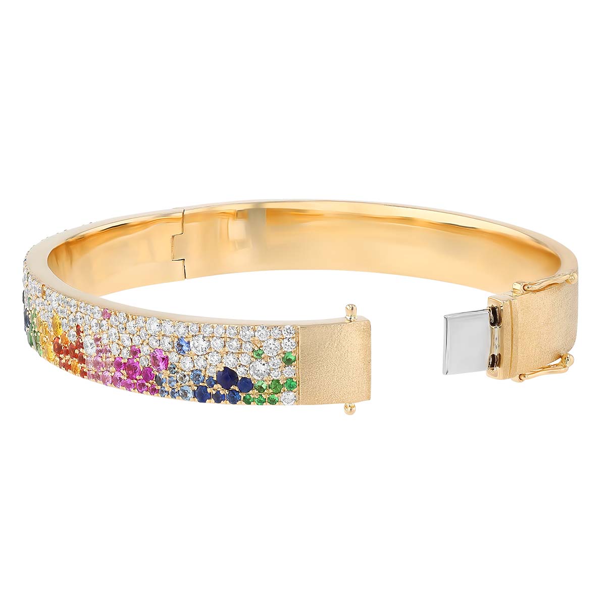 Mixed Gemstone & Diamond Pavé Wide Bangle Bracelet in Yellow Gold
