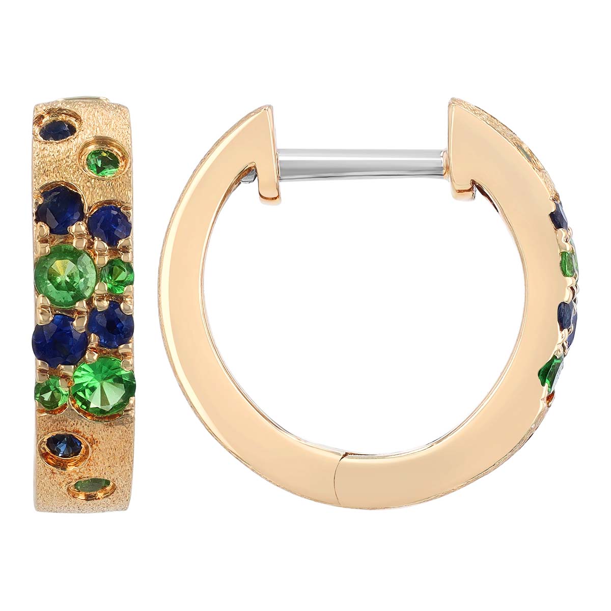 Flush Set Green & Blue Mixed Gemstone Scatter Huggie Hoop Earrings in Yellow Gold