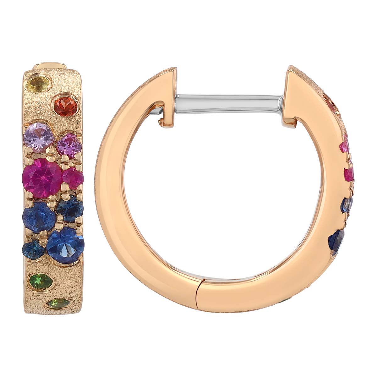 Flush Set Mixed Gemstone Scatter Huggie Hoop Earrings in Yellow Gold