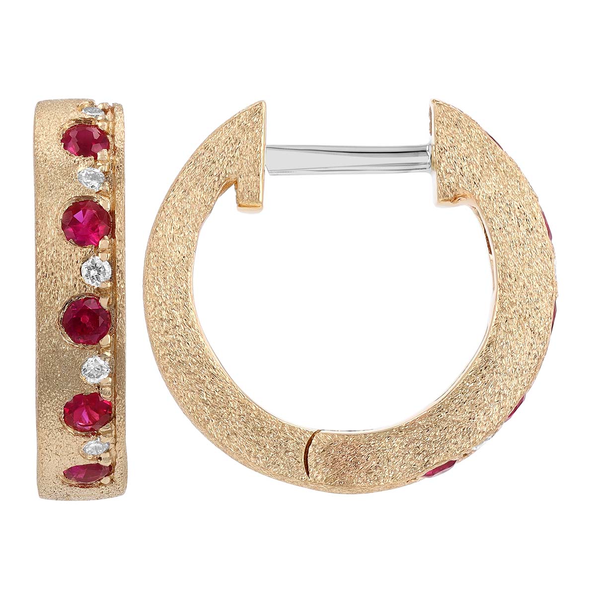 Ruby & Diamond Alternating Huggie Hoop Earrings in Yellow Gold