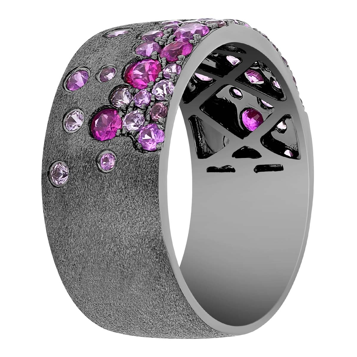 Flush Set Pink Mixed Gemstone Scatter Wide Band Ring in Black Rhodium