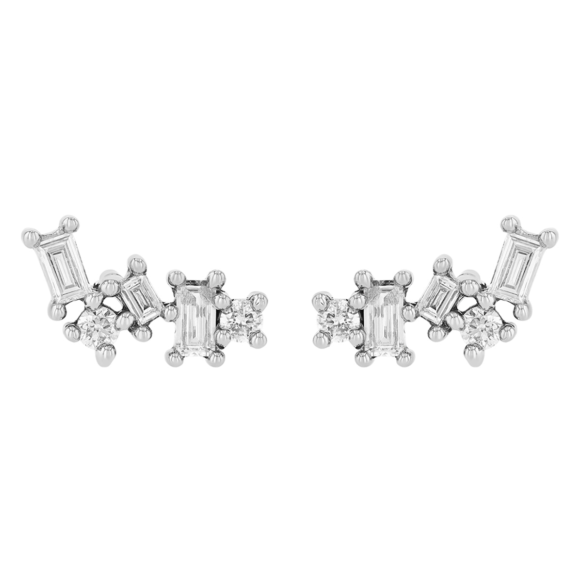 Round & Baguette Diamond Prong Set Cluster Stud Earrings in White Gold