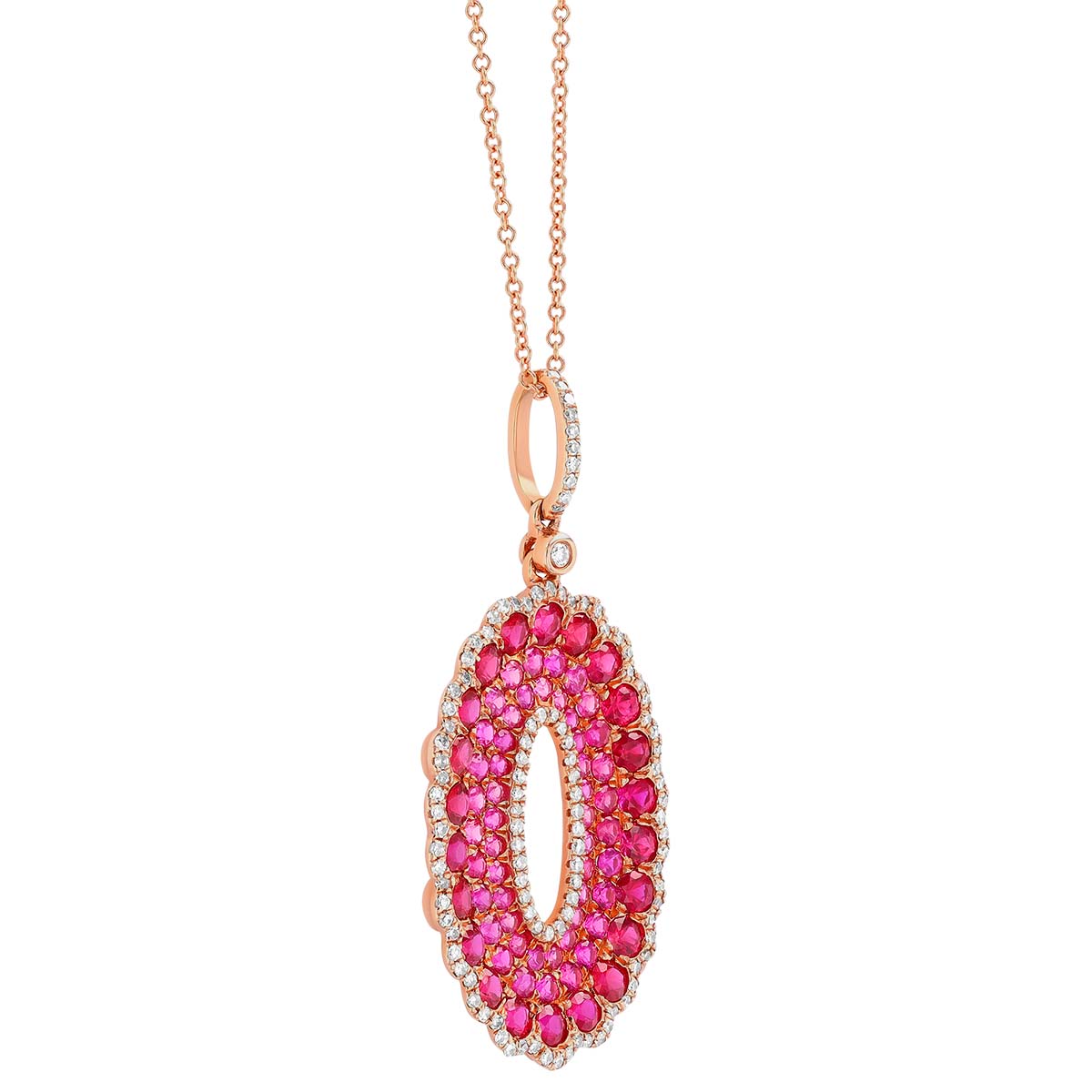 Ruby Pavé & Diamond Oval Scalloped Pendant in Rose Gold