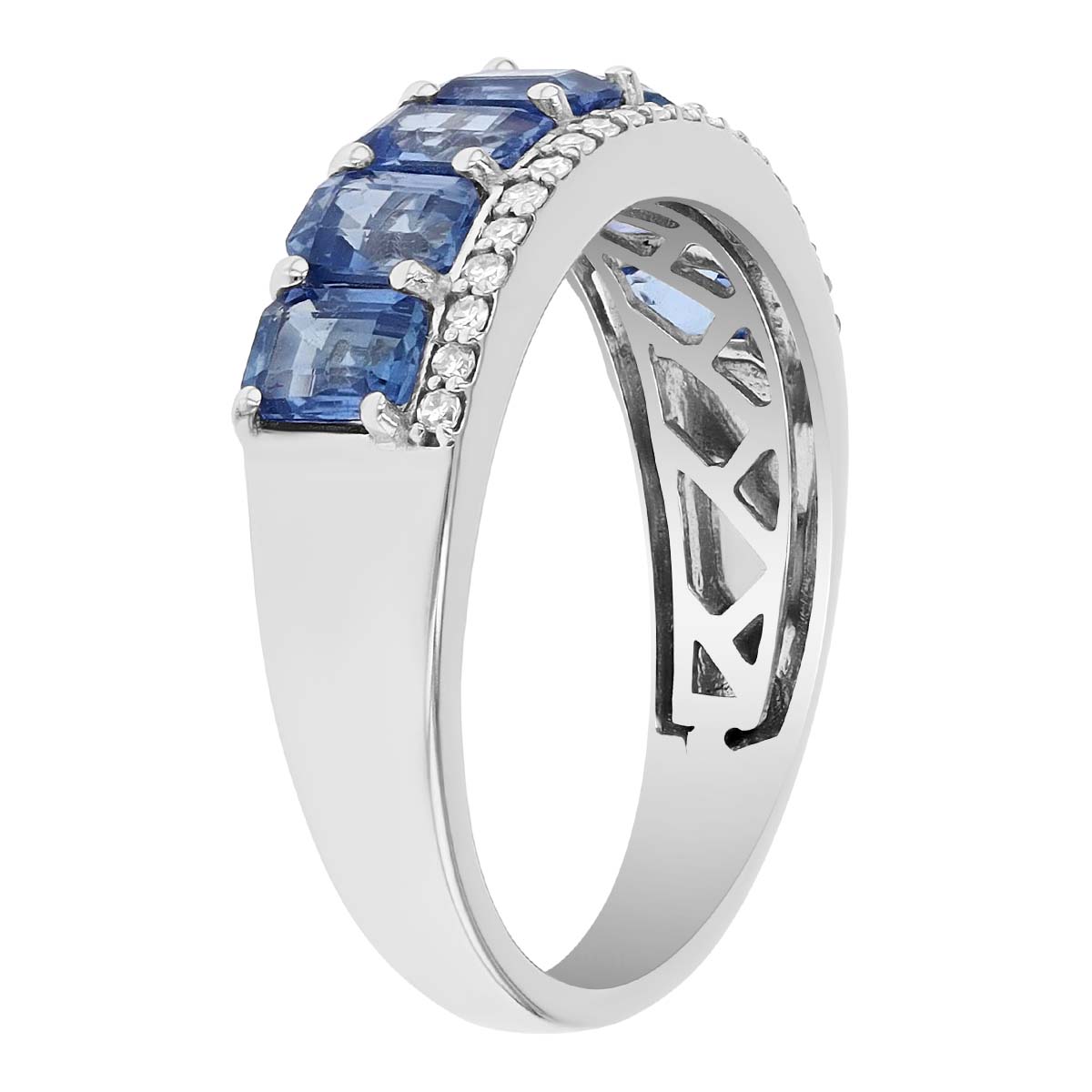 Emerald Cut Sapphire & Diamond 2 Row Ring in White Gold