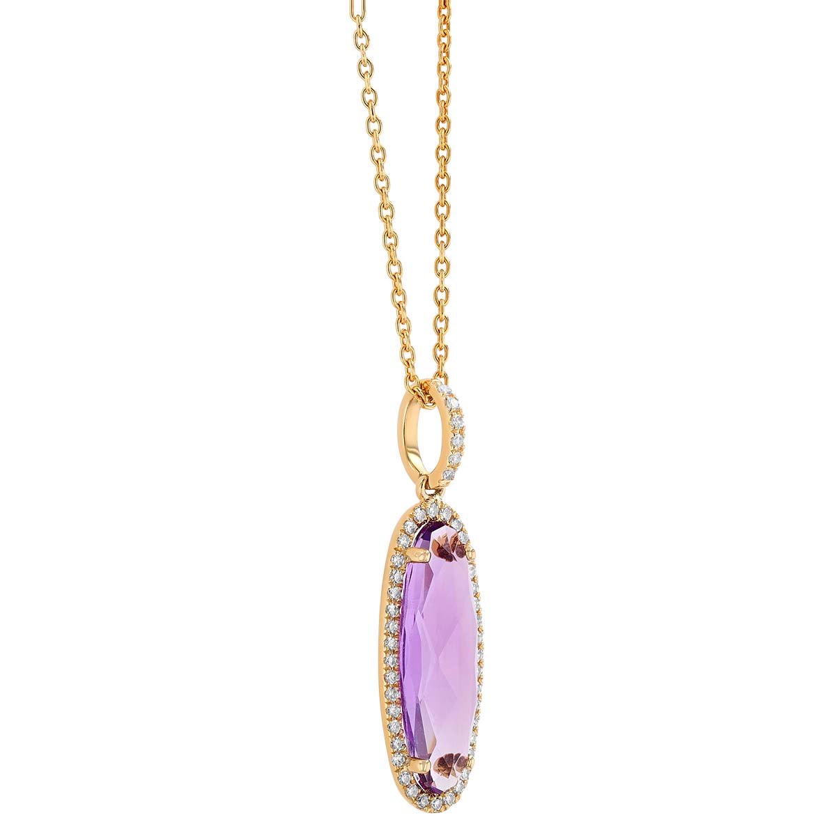 Elongated Oval Amethyst & Diamond Halo Pendant in Yellow Gold