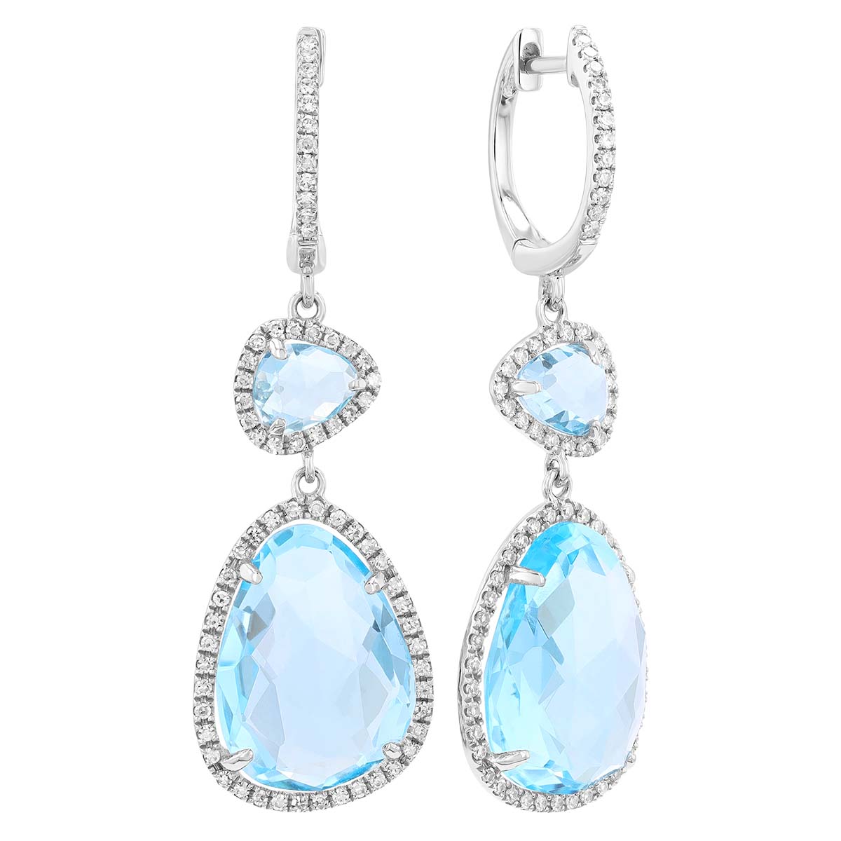 Freeform Topaz & Diamond Halo Double Dangle Hoop Earrings in White Gold