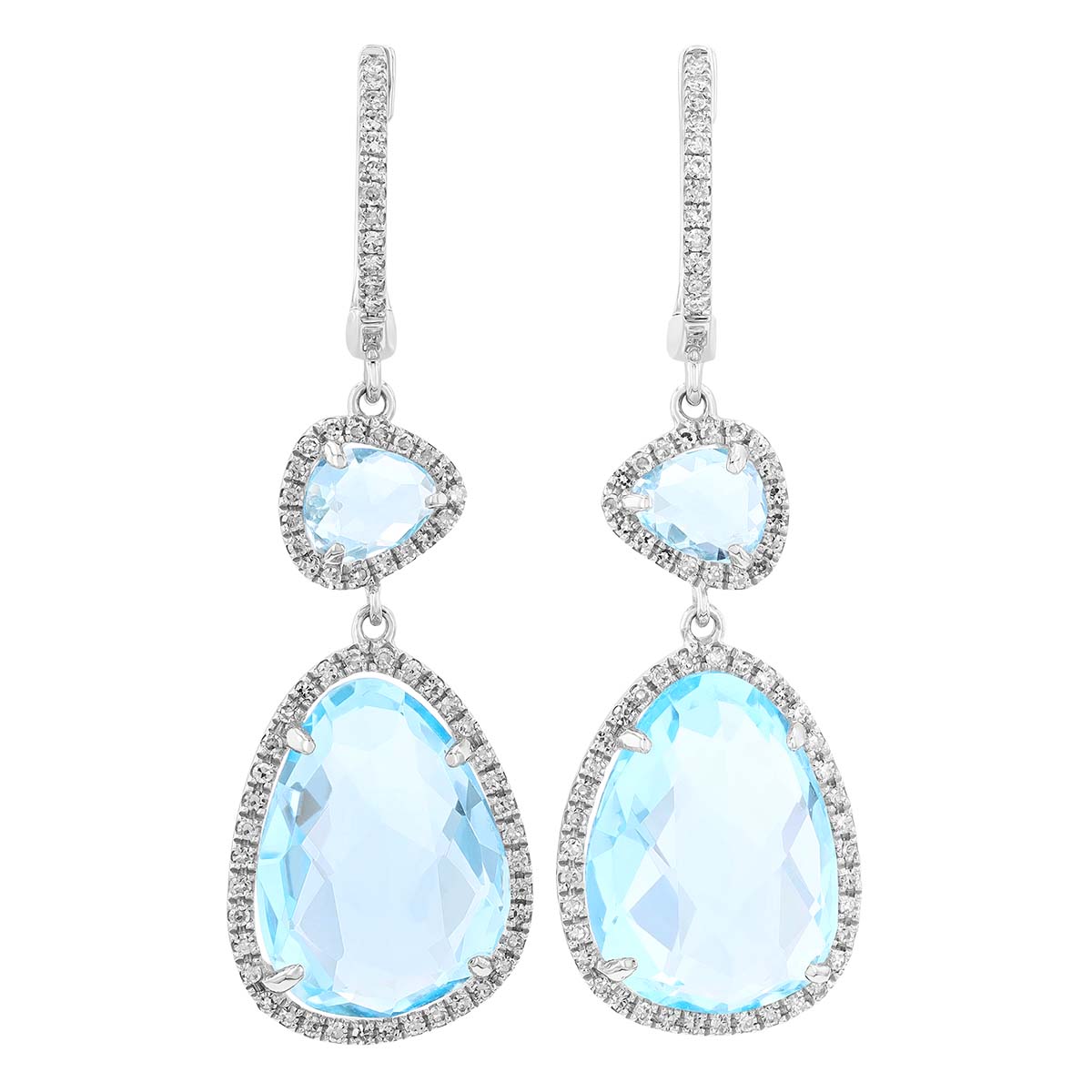 Freeform Topaz & Diamond Halo Double Dangle Hoop Earrings in White Gold