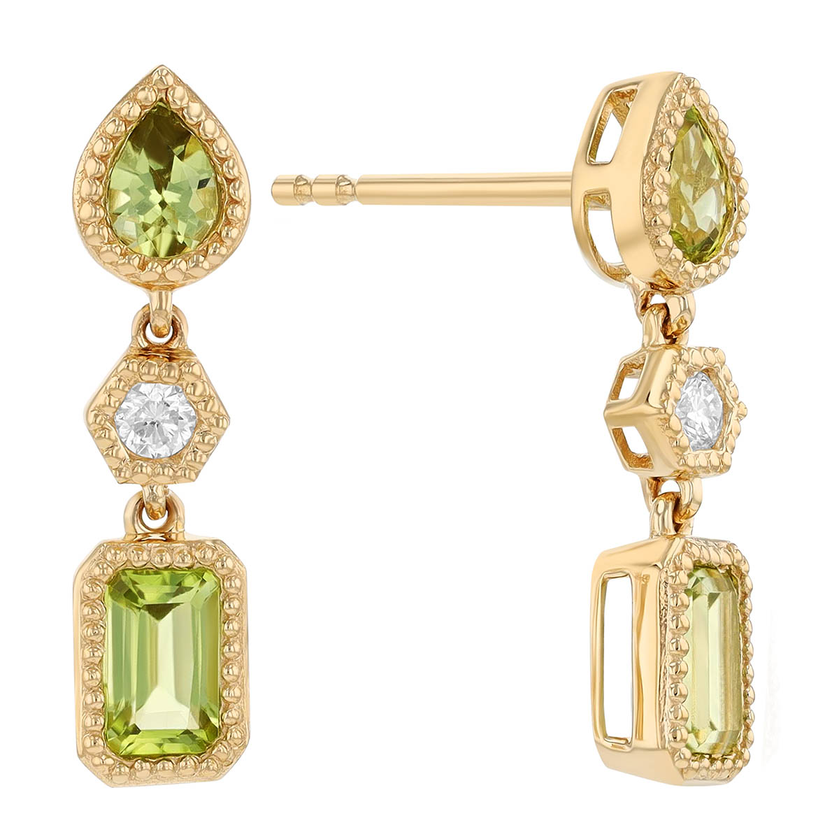 Peridot & Diamond Multi Shape 3 Drop Earrings in Yellow Gold