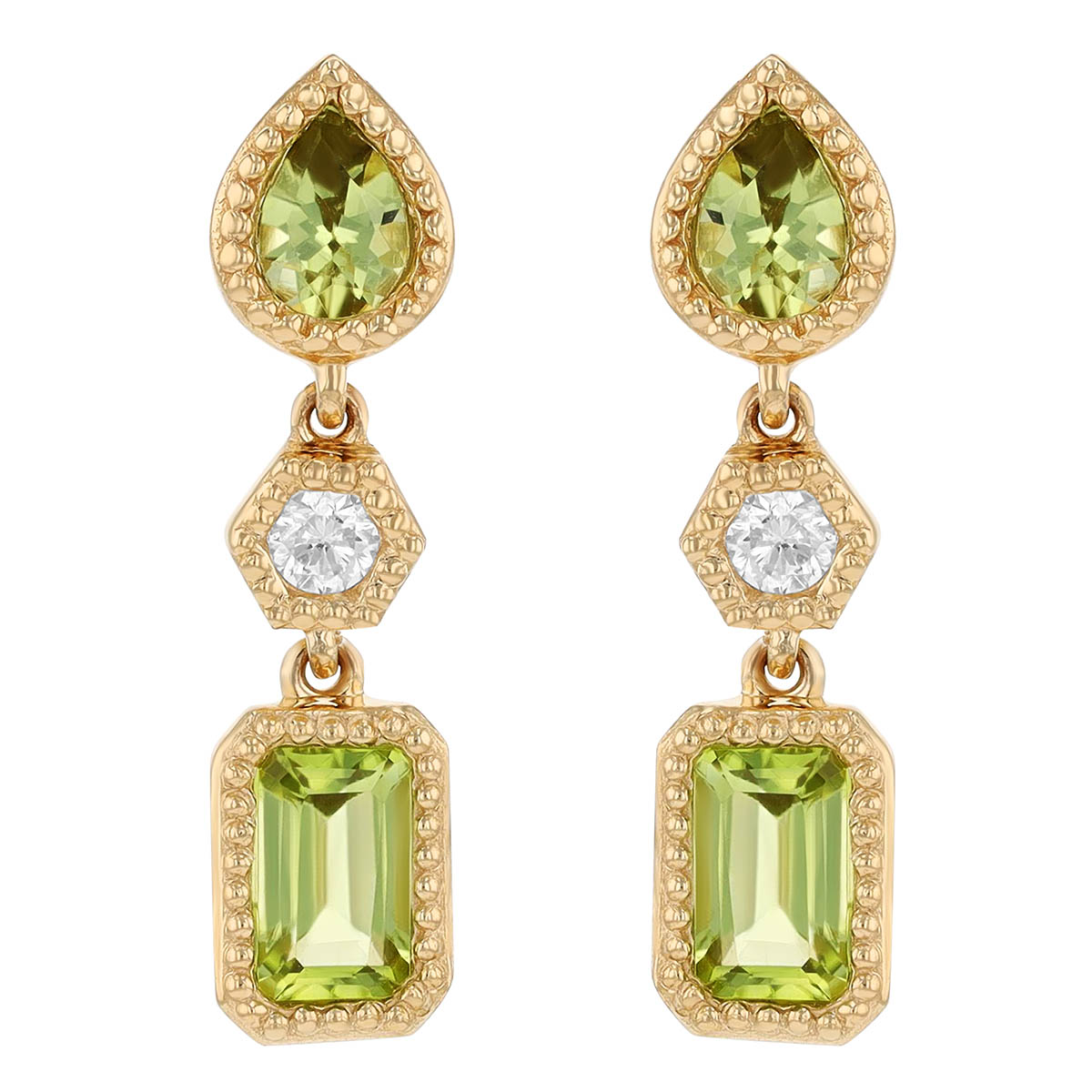 Peridot & Diamond Multi Shape 3 Drop Earrings in Yellow Gold