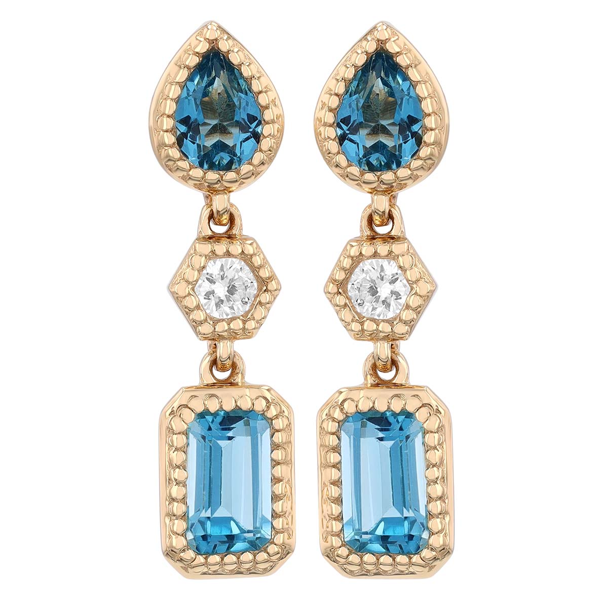 Mixed Shape Topaz & Diamond Dangle Earrings in Yellow Gold