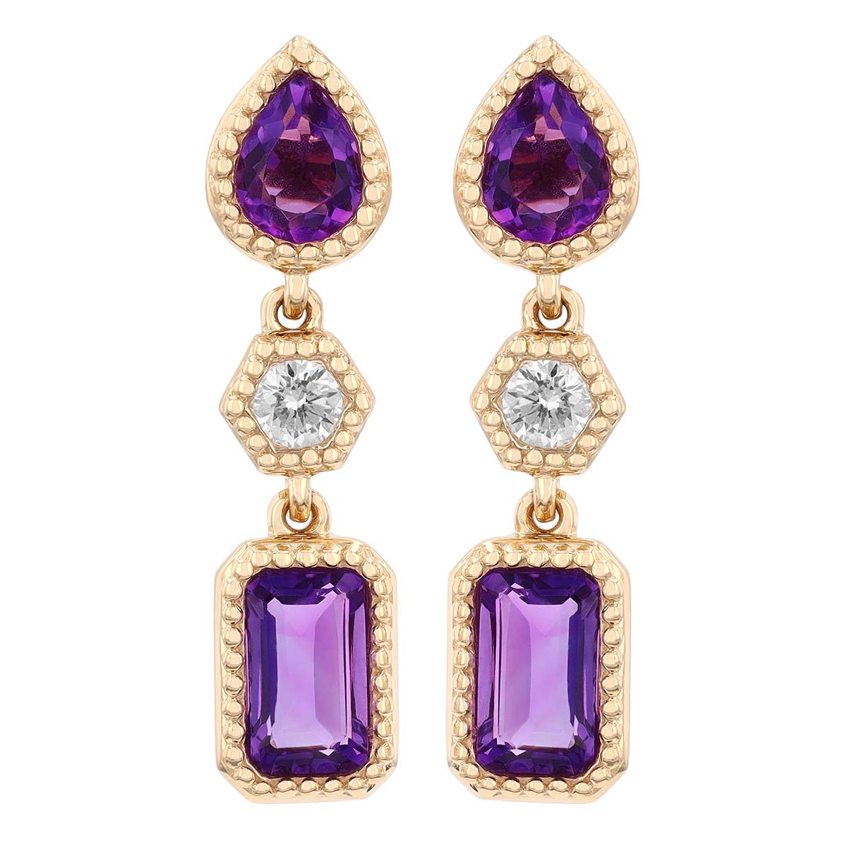 Mixed Shape Amethyst & Diamond Dangle Earrings in Yellow Gold