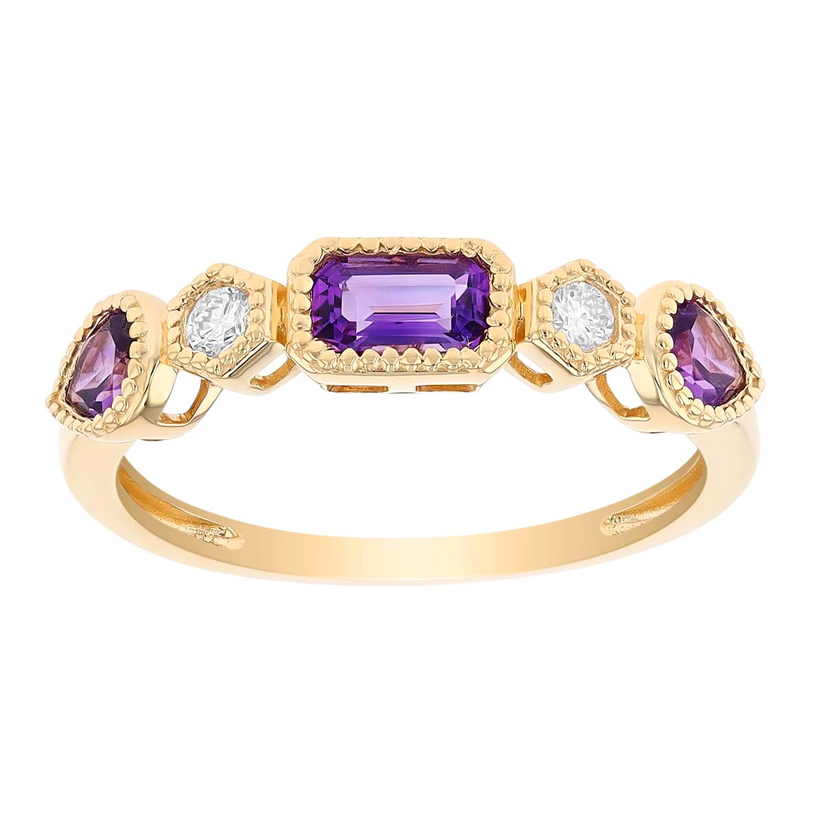 Mixed Shape Amethyst & Diamond Bezel Set Ring in Yellow Gold