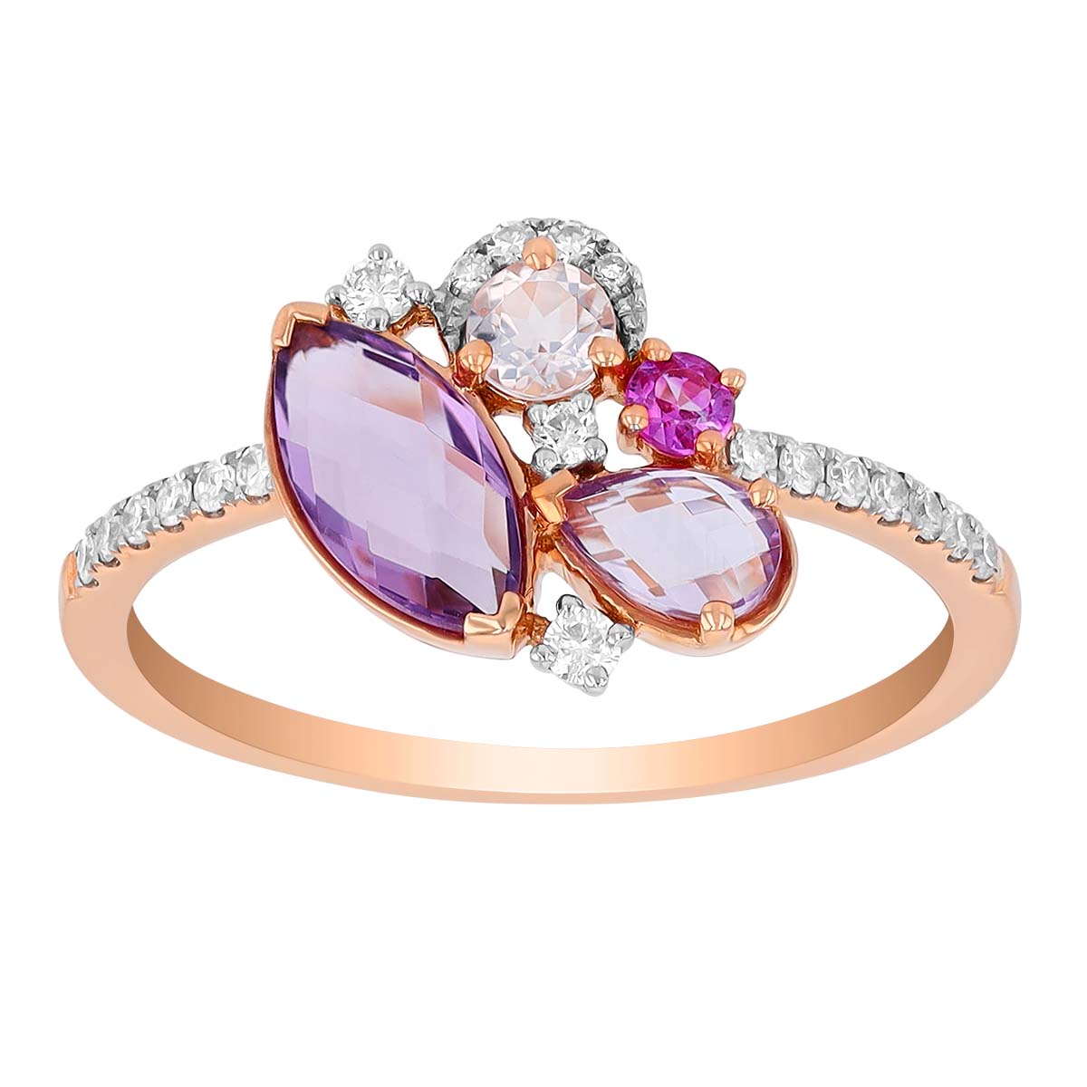 Purple & Pink Mixed Gemstone & Diamond Cluster Ring in Rose Gold