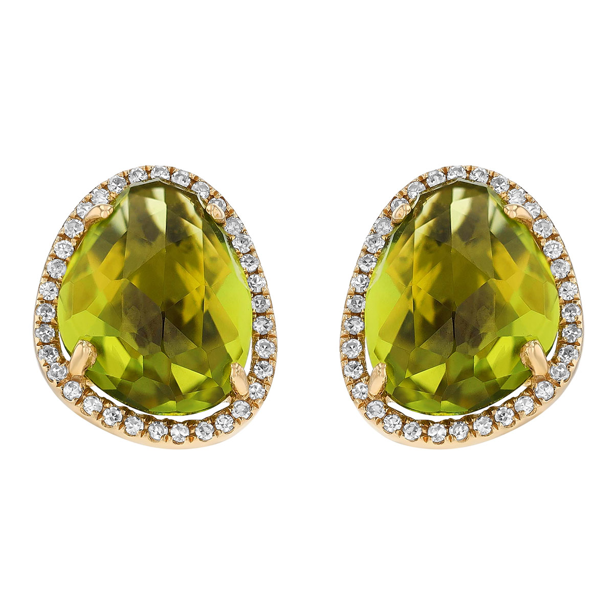 Peridot Freeform Oval & Diamond Halo Stud Earrings in Yellow Gold