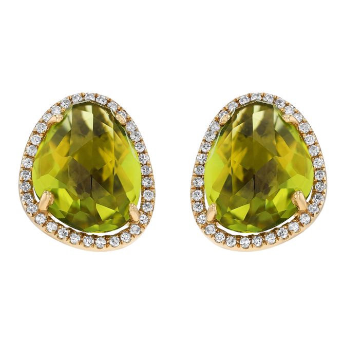 Peridot Freeform Oval & Diamond Halo Stud Earrings in Yellow Gold
