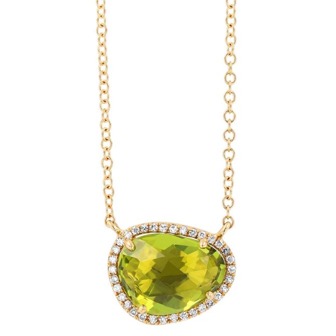 Freeform Peridot & Diamond Halo Pendant in Yellow Gold