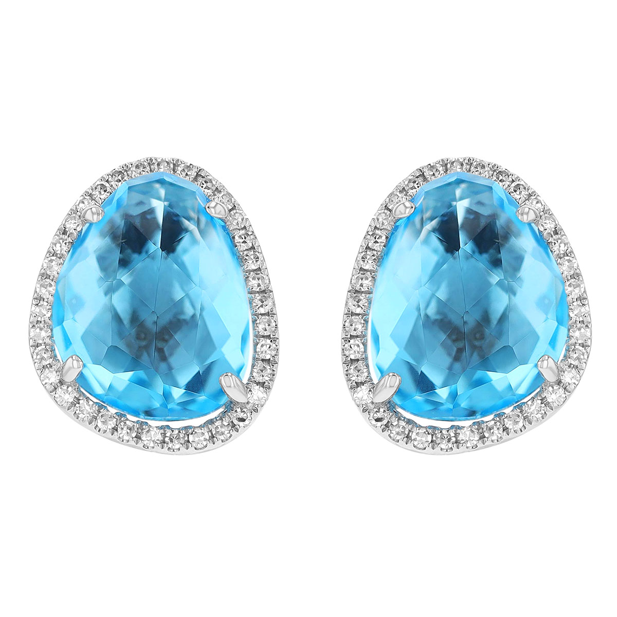 Swiss Blue Topaz Freeform Oval & Diamond Halo Stud Earrings in White Gold