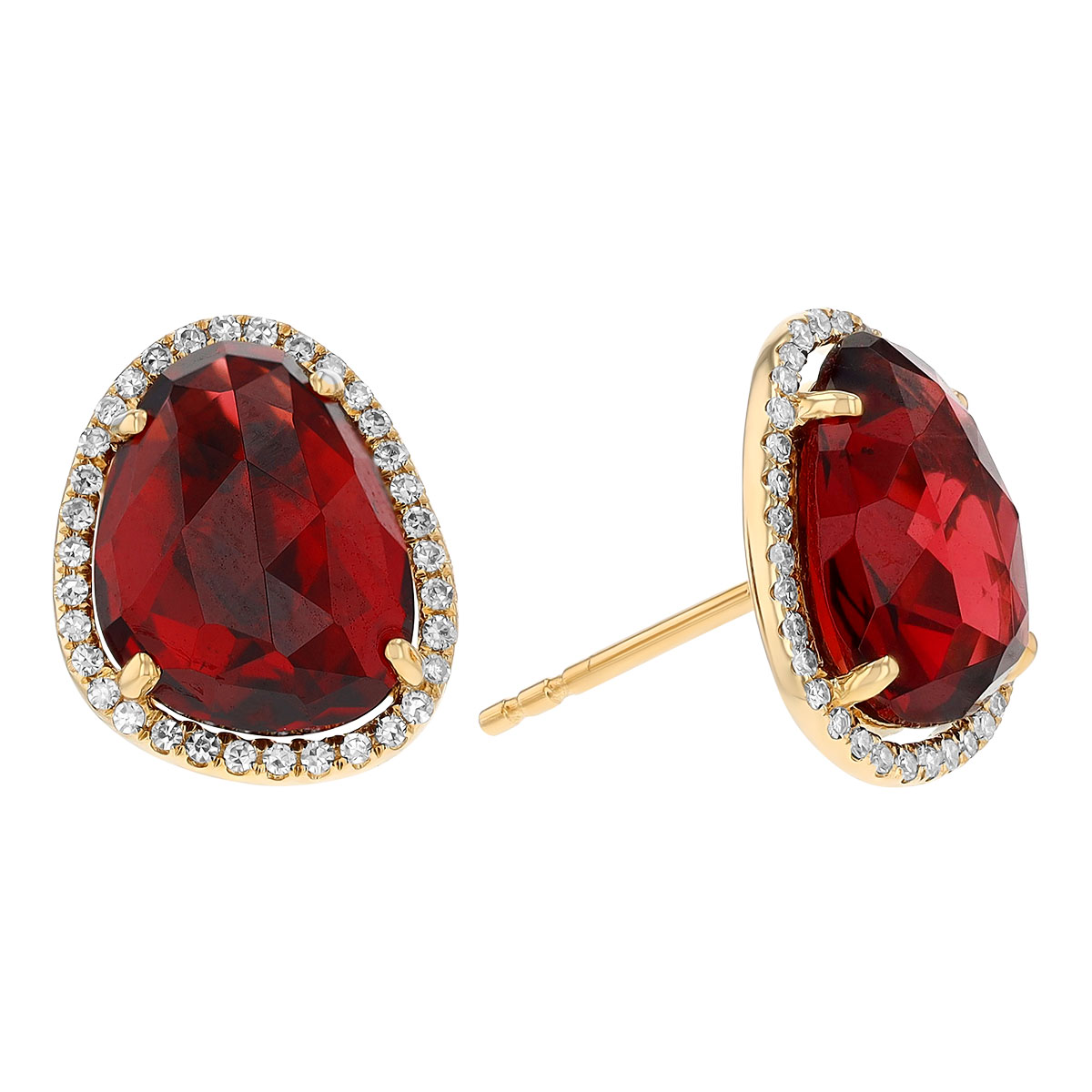 Garnet Freeform Oval & Diamond Halo Stud Earrings in Yellow Gold