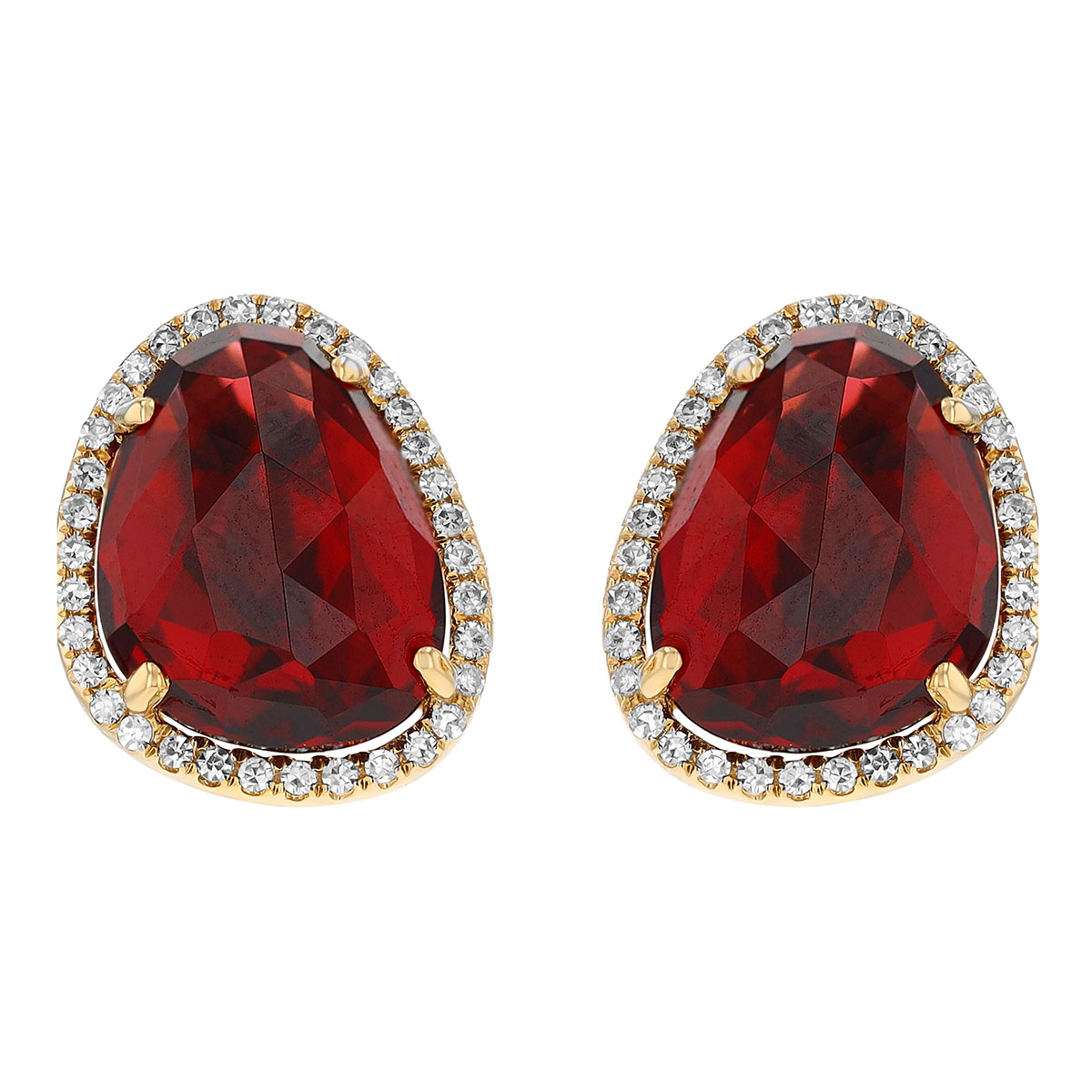 Garnet Freeform Oval & Diamond Halo Stud Earrings in Yellow Gold