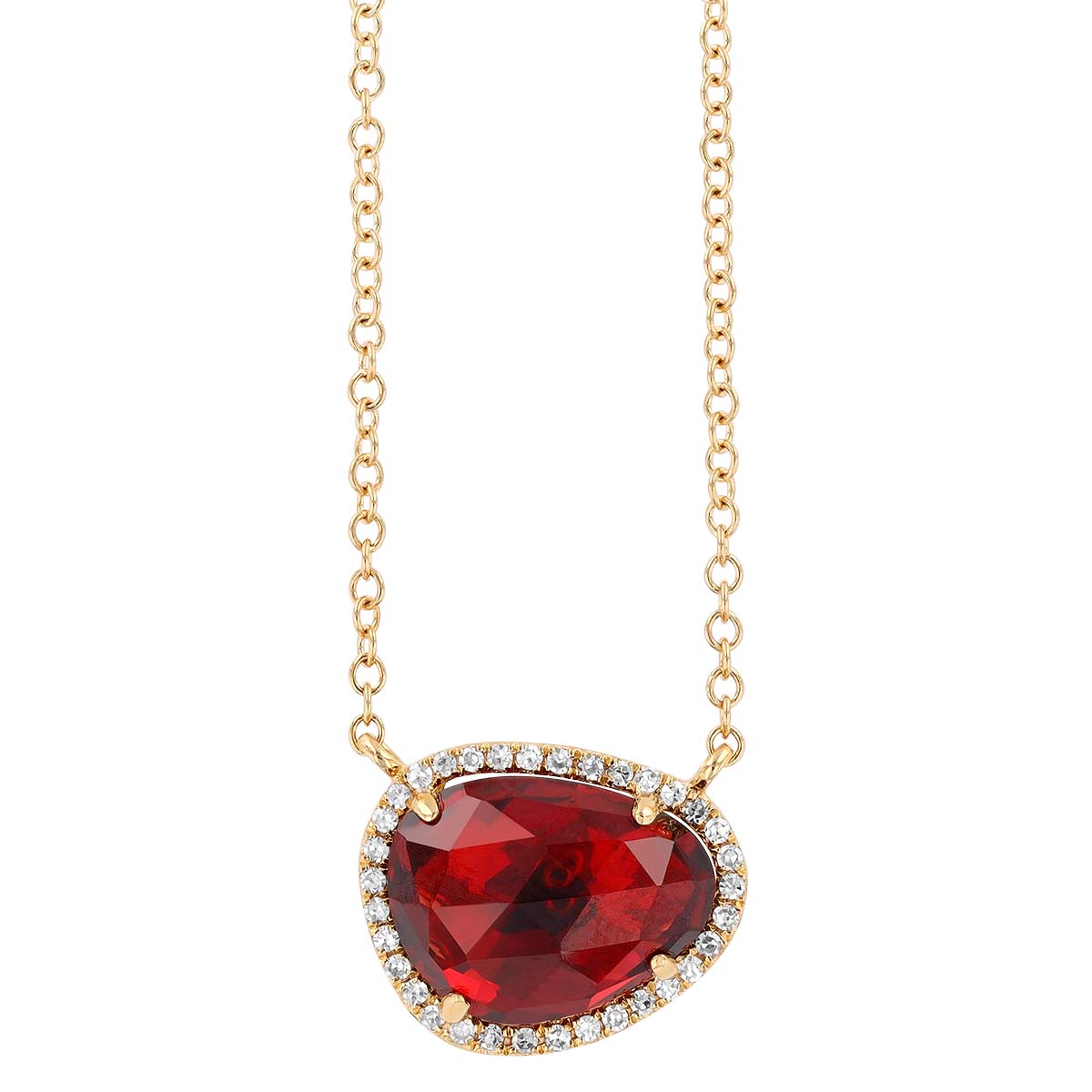 Freeform Garnet & Diamond Halo Pendant in Yellow Gold