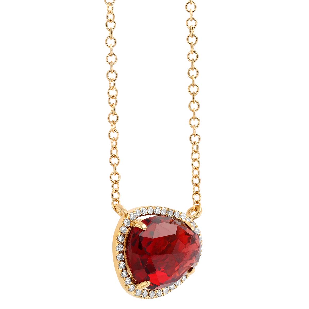 Freeform Garnet & Diamond Halo Pendant in Yellow Gold