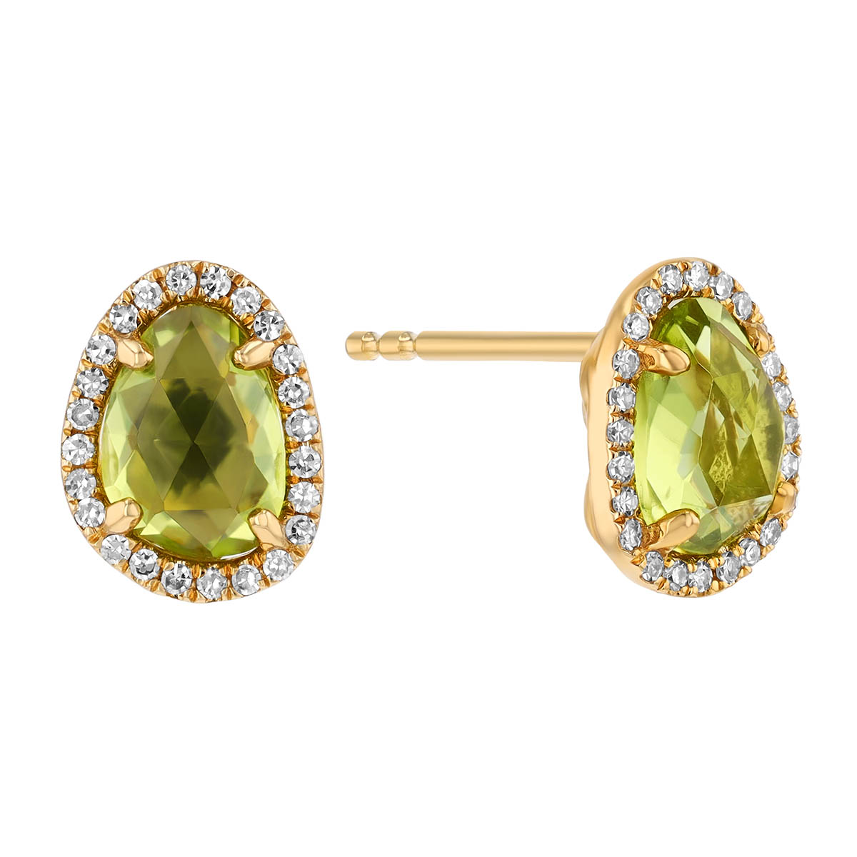 Peridot & Diamond Halo Stud Earrings in Yellow Gold