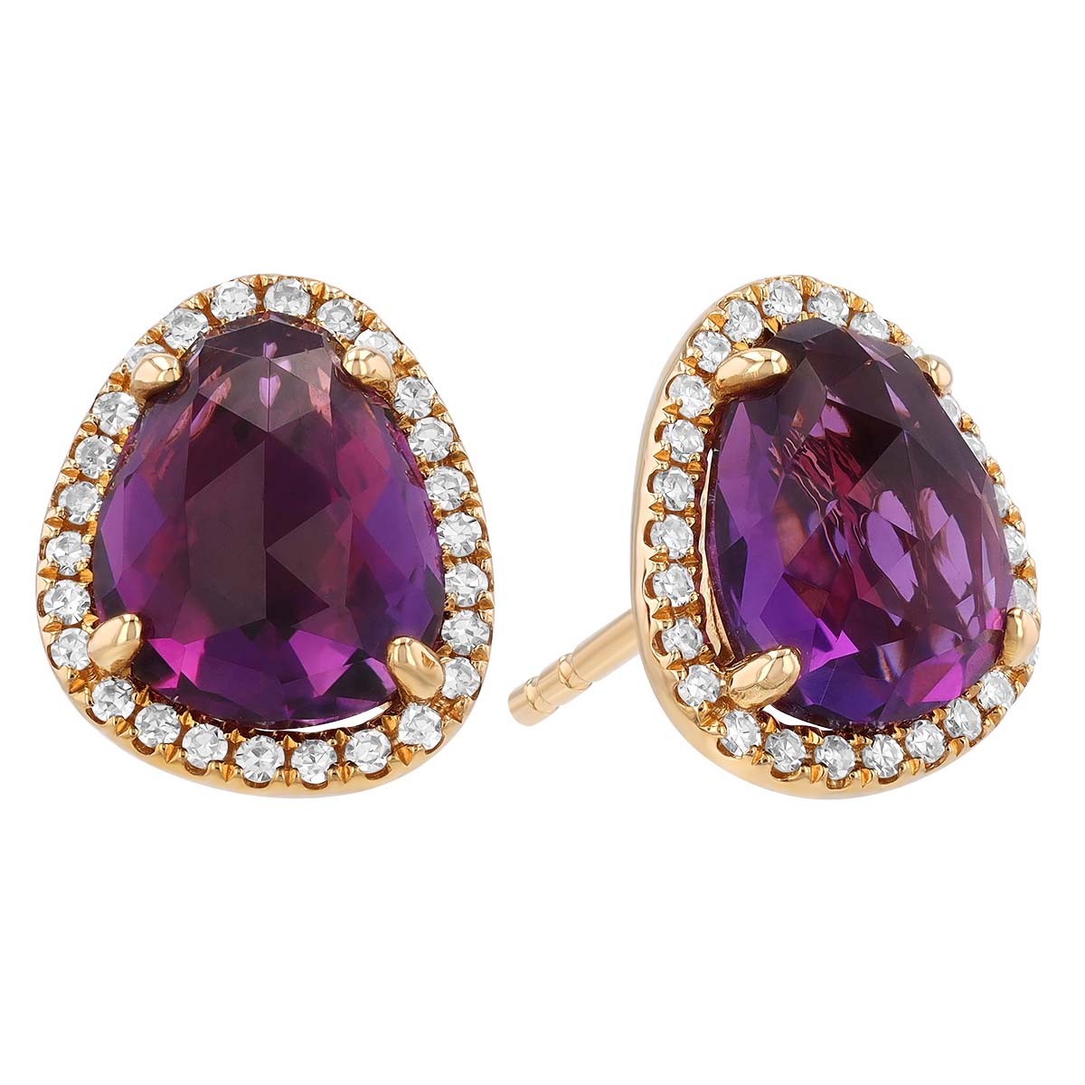 Freeform Amethyst & Diamond Halo Stud Earrings in Yellow Gold