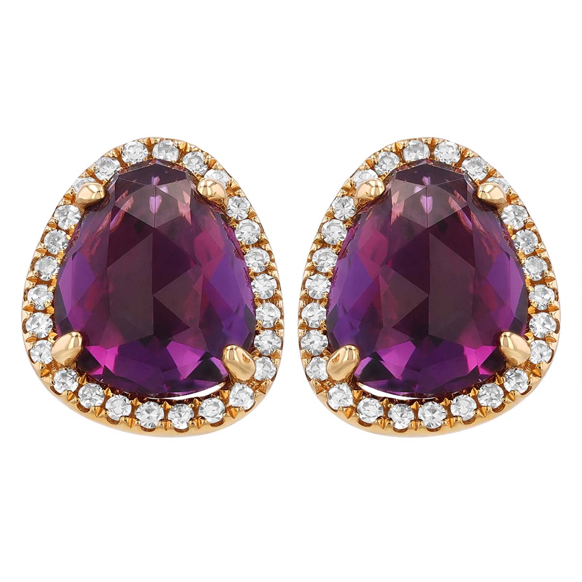 Freeform Amethyst & Diamond Halo Stud Earrings in Yellow Gold