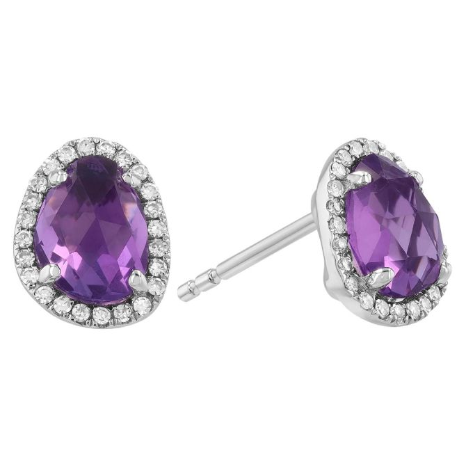 Freeform Amethyst & Diamond Halo Stud Earrings in White Gold