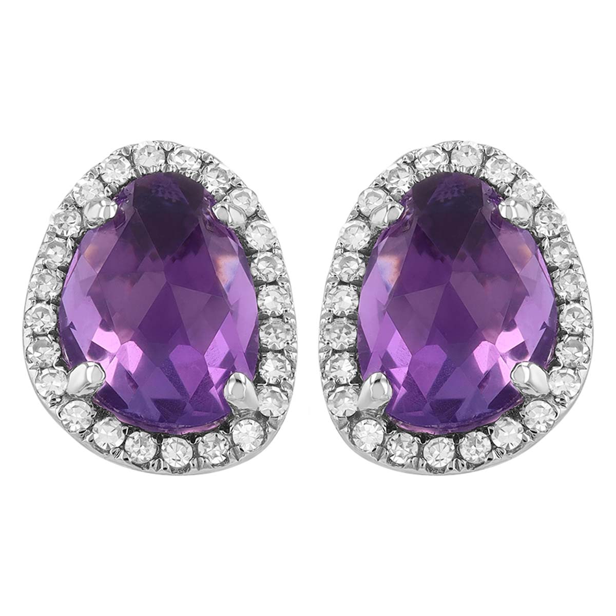 Freeform Amethyst & Diamond Halo Stud Earrings in White Gold