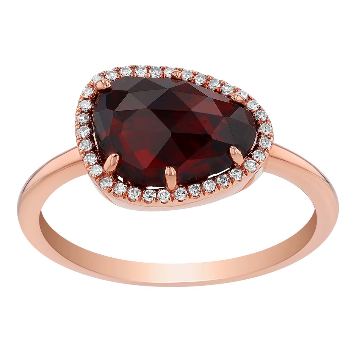 Freeform Garnet & Diamond Halo Ring in Rose Gold